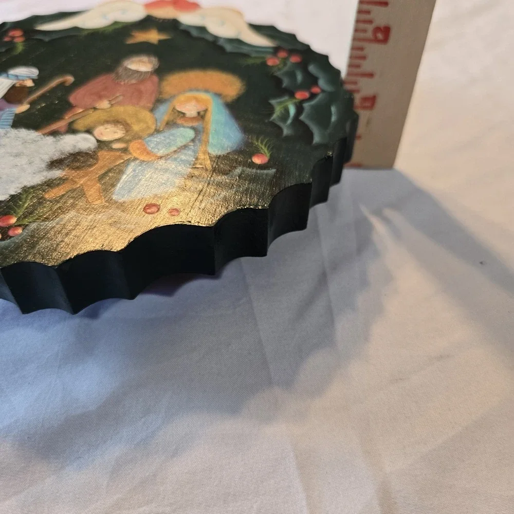 Vtg. Wooden Lazy Susan Hand-Painted Christmas Nativity Holly Berry‎ 7.25